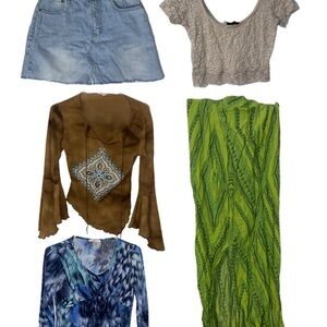 Y2k denim mini skirt - Green Patterned Maxi Skirt - 3 shirts